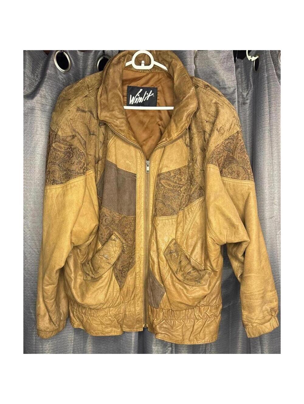 vintage Womens Leather Bomber Brown Zip Jacket Sz L Y2K Patchwork Boho Winlit